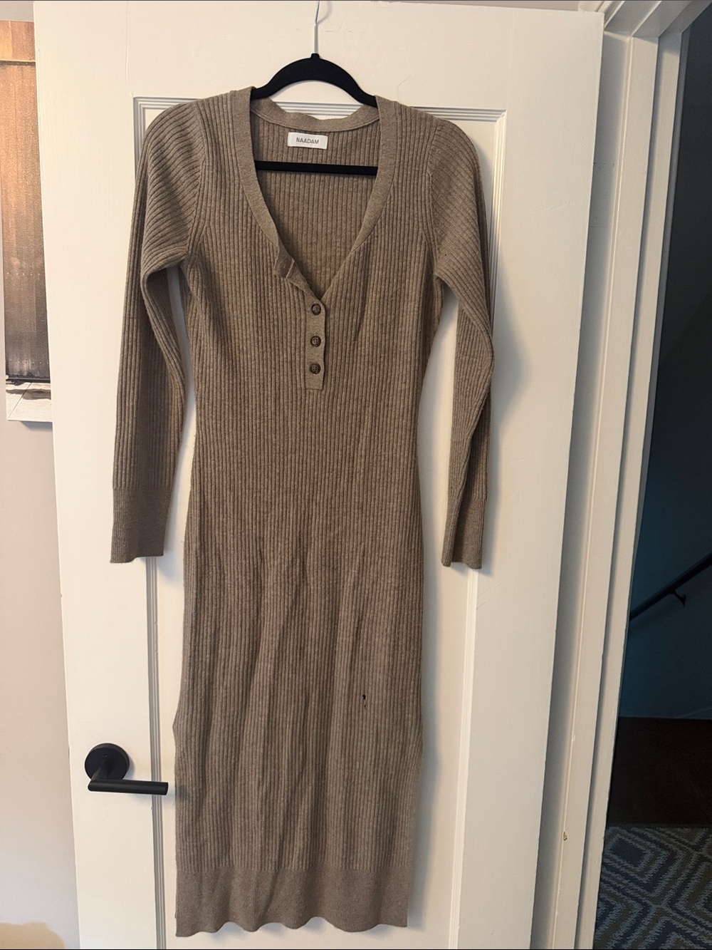 Naadam Ribbed V-Neck Long Sleeve Midi Dress in Taupe